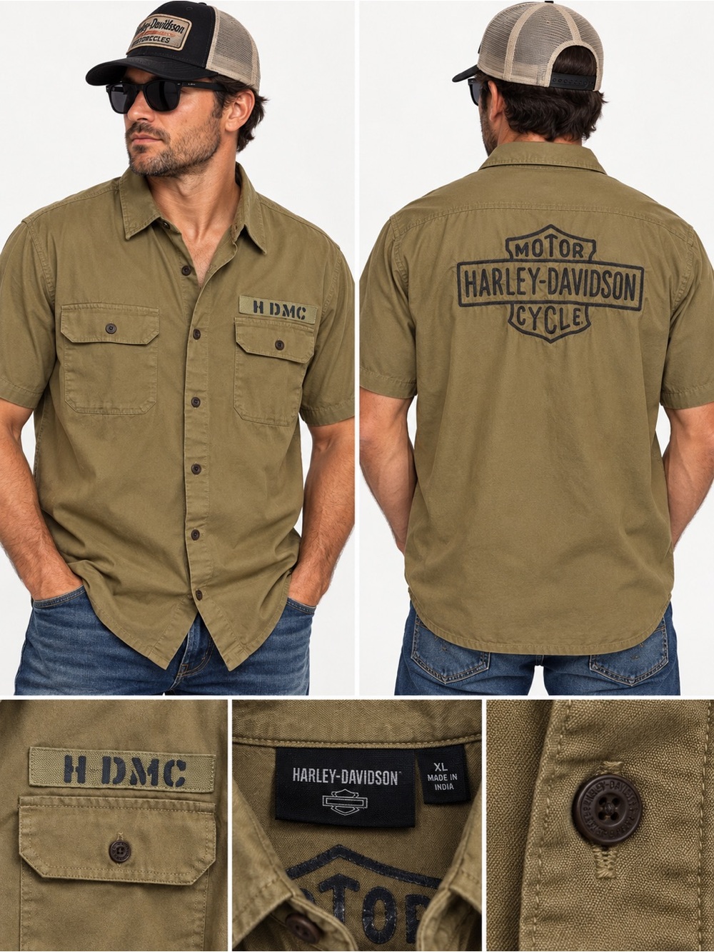 Harley-Davidson Khaki Olive  HDMC Short Sleeve Button-Up Shirt Size XL